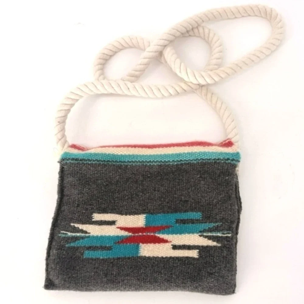Handmade Wool Handwoven Crossbody Bag Turquoise Red Rope Strap Boho Southwestern